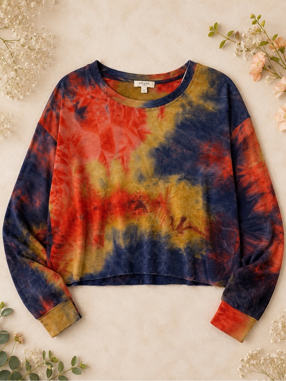 Umgee Navy Red Mustard Tie-Dye Cropped Sweatshirt